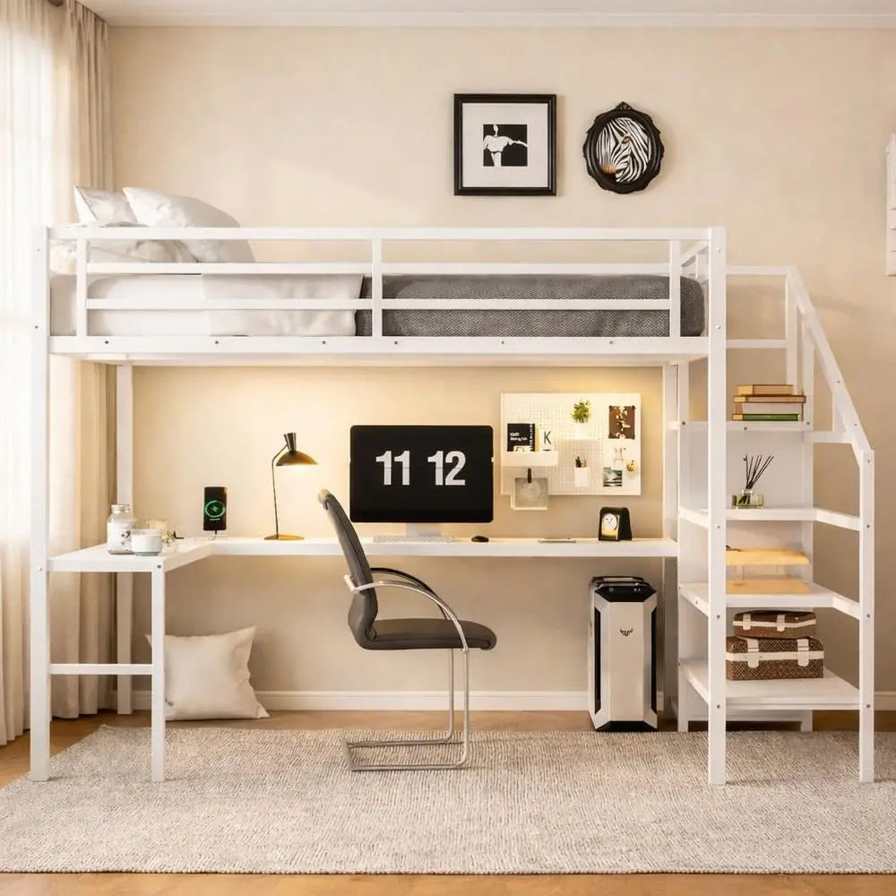 Queen Size Metal Bed with L-Shaped Desk, Wardrobe, Adjustable Shelves, Stairs, LED Light - Suitable for Kids, Teens, Adults in W