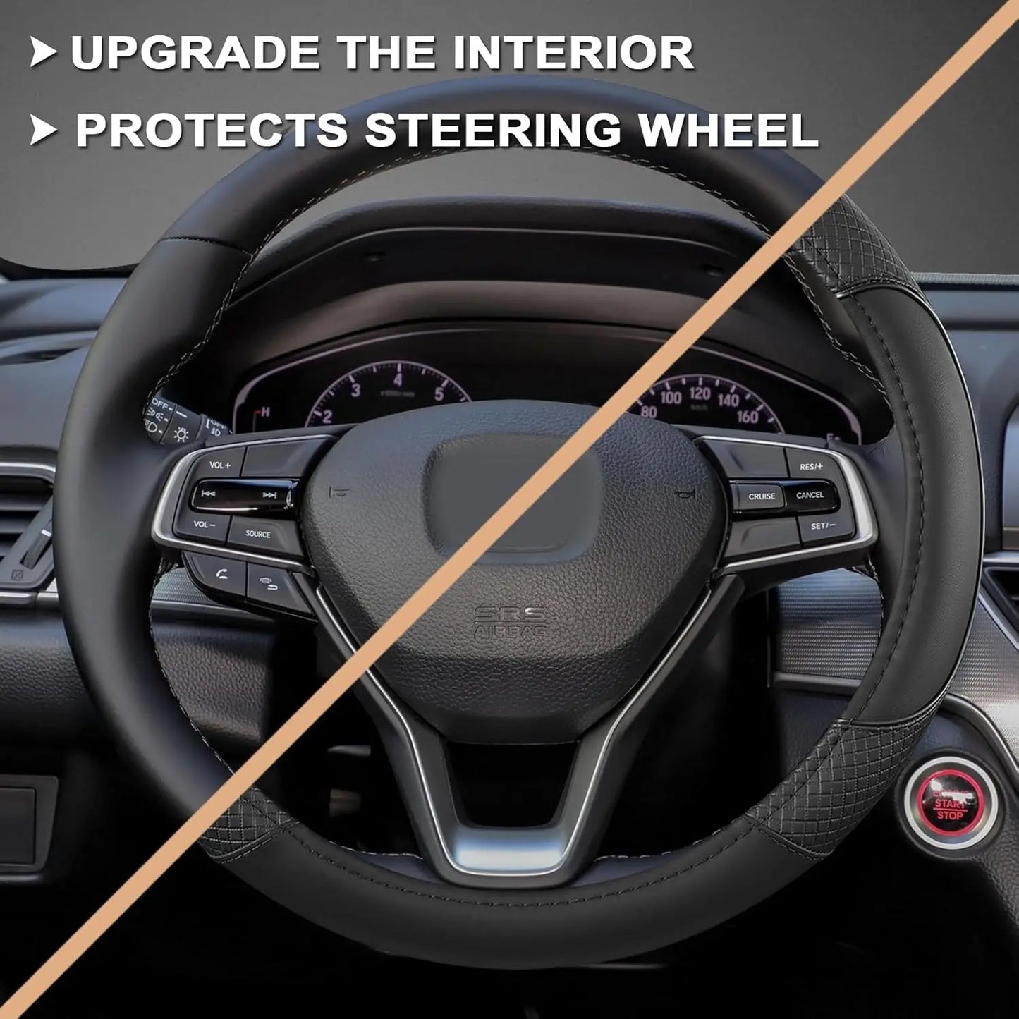 Diamond-Pattern Microfiber Leather Steering Wheel Cover for Honda Accord, Civic, CR-V, HR-V, Pilot - Black Standard Size
