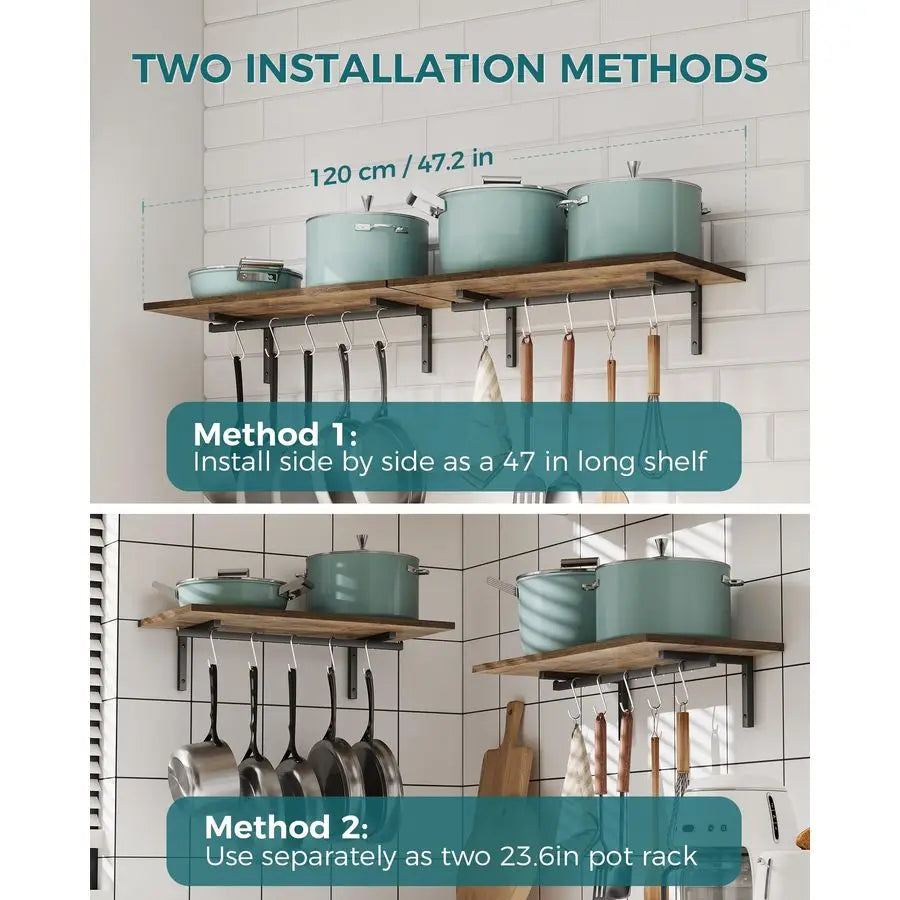 2 Pack Wooden 23.6 Pot Pan Hanging Rack Wall Mounted with 10 S Hooks, Set of 2 Large Pot Wall Holder Kitchen Shelves for Utensil