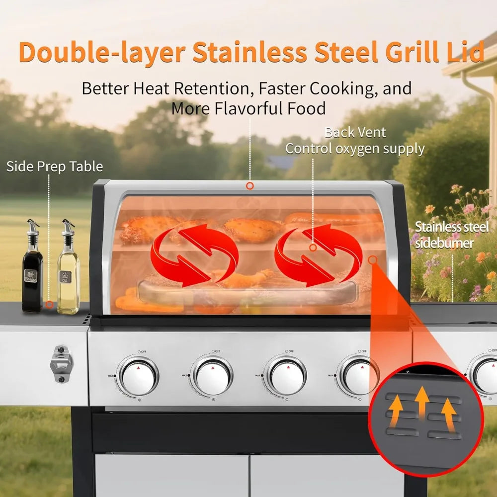 Propane Gas Grill with Side Burner 4 Main Burners 49000 BTU Stainless Steel Lid Cast Iron Grids Easy Clean Grease