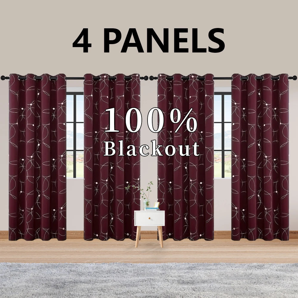 4PCS Blackout Curtains Grommet Thermal Insulated Room Darkening With Circle And Dots Foil Printed