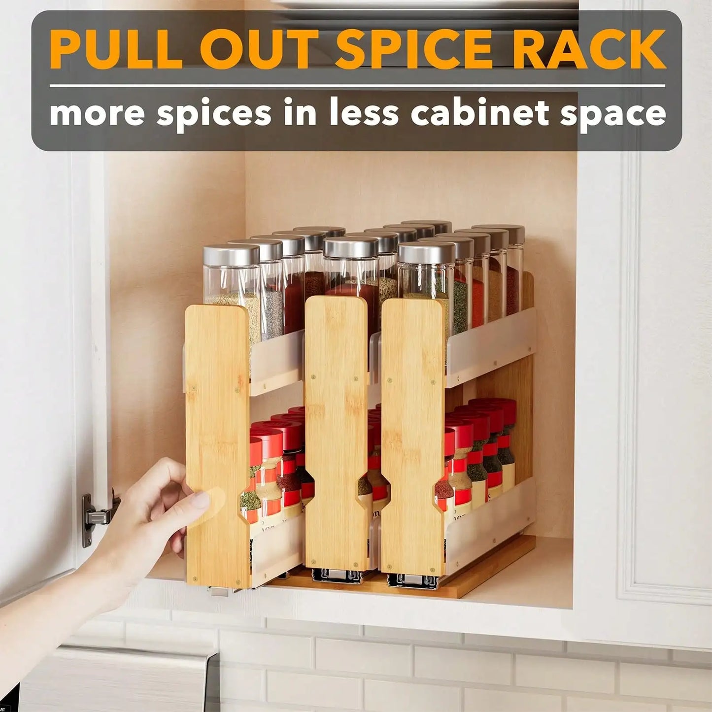 Pull Out Spice Rack Organizer For Cabinet Natural Bamboo Wooden 2 Tier Slide Out Spice Shelf Heavy Duty Sliding Seasoning Jar Holder Rack For Kitchen Cabinet Pantry Countertop Organization Housewarming Gift