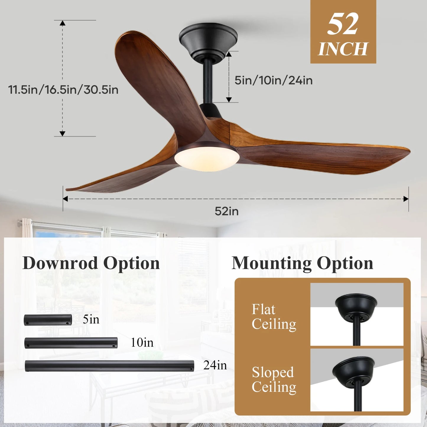52/60/70-inch Ceiling Fan with Light and Remote 3 Wood Blades High CFM Dimmable LED Noiseless Reversible DC Fans for Bedroom