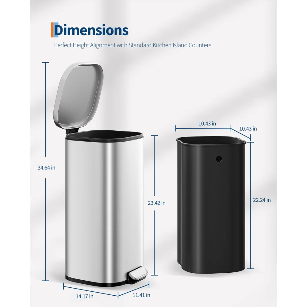 30L 8 Gal Stainless Steel Kitchen Trash Can with Quiet Close Lid, Black | Stainless Steel, Rectangular, Quiet Close Lid, Hands-Free, Step on, Durable, Waterproof, medium size
