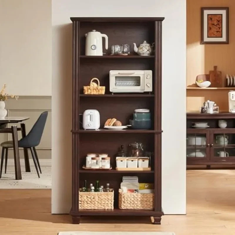 SAVOR LIFE 70" Tall Walnut Bookshelf,5 Tier Wooden Book Shelf with Adjustable Shelves & Wood Legs,Free Standing Farmhouse