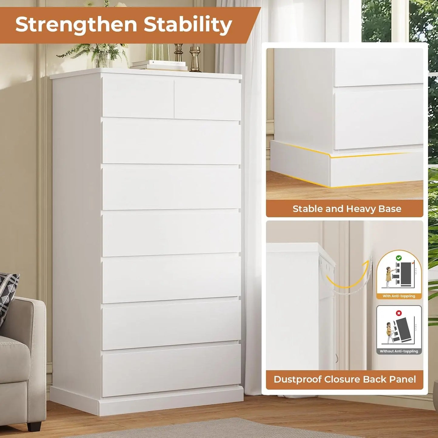 White Tall 8-Drawer Bedroom Dresser 59.6" Modern Wood Closet Organizer Storage Cabinet Large Vertical Hallway, Customized