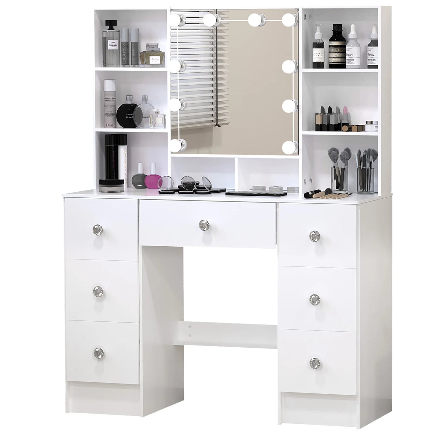 Large LED Vanity Dressing Table Set with Mirror, 7 Drawers Storage Makeup Desk, Crystal Pull Handles, Dimmable Glam Decor for Bedroom