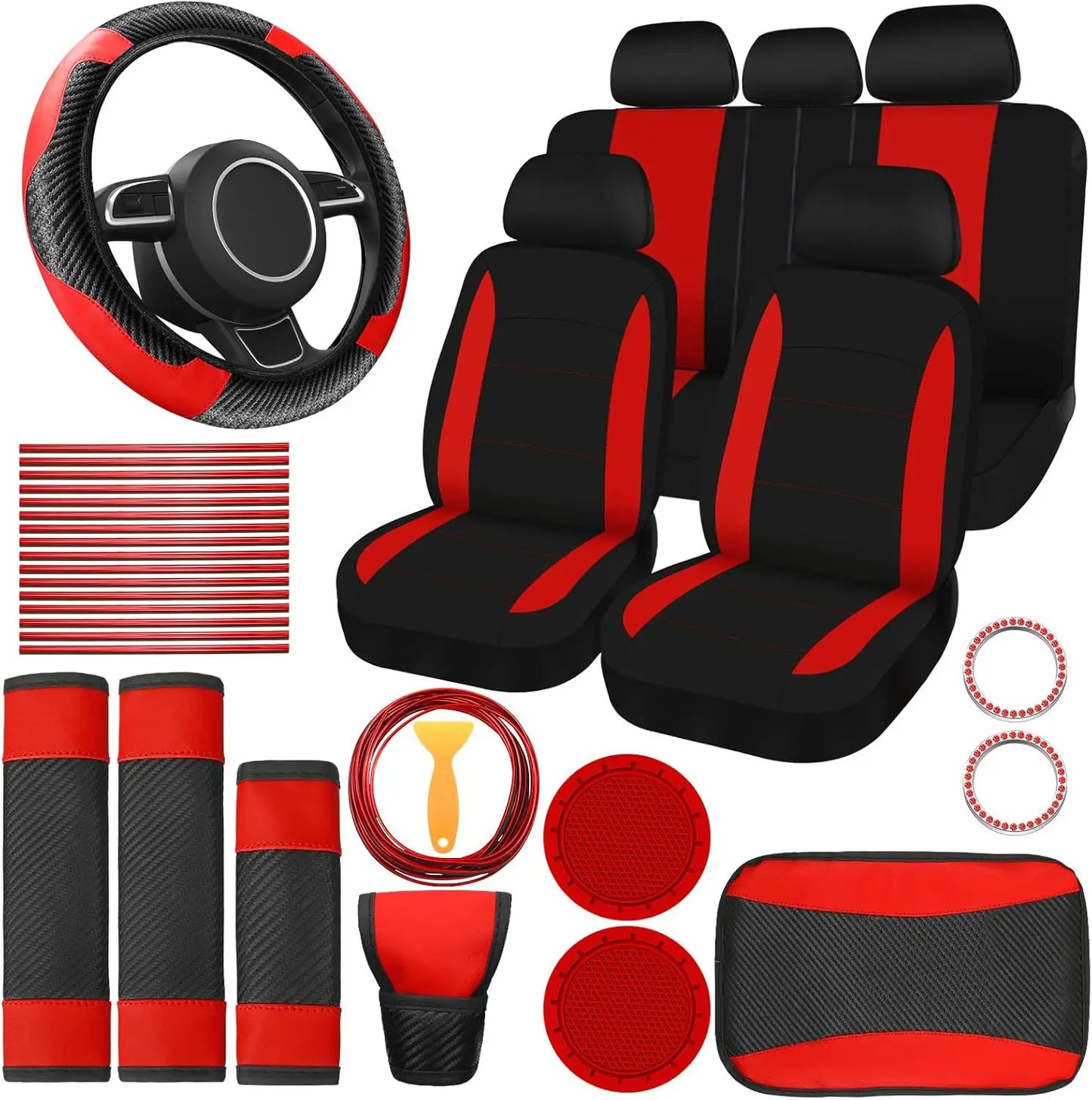 41-Piece Black Red Car Accessories Set: Seat Covers, Steering Wheel Cover, Belt Pad, Shift Sleeve & More for Auto Interior