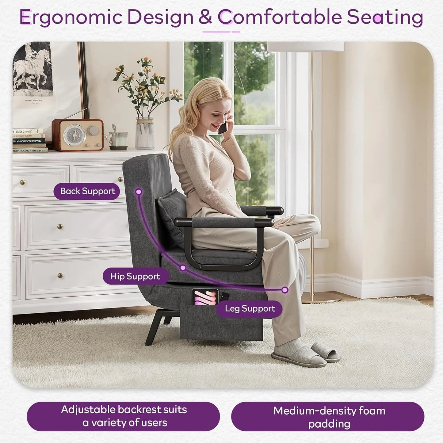 Convertible Sleeper Chair Bed Adjustable Backrest Side Pockets Pillow for Small Spaces Office Dark Grey