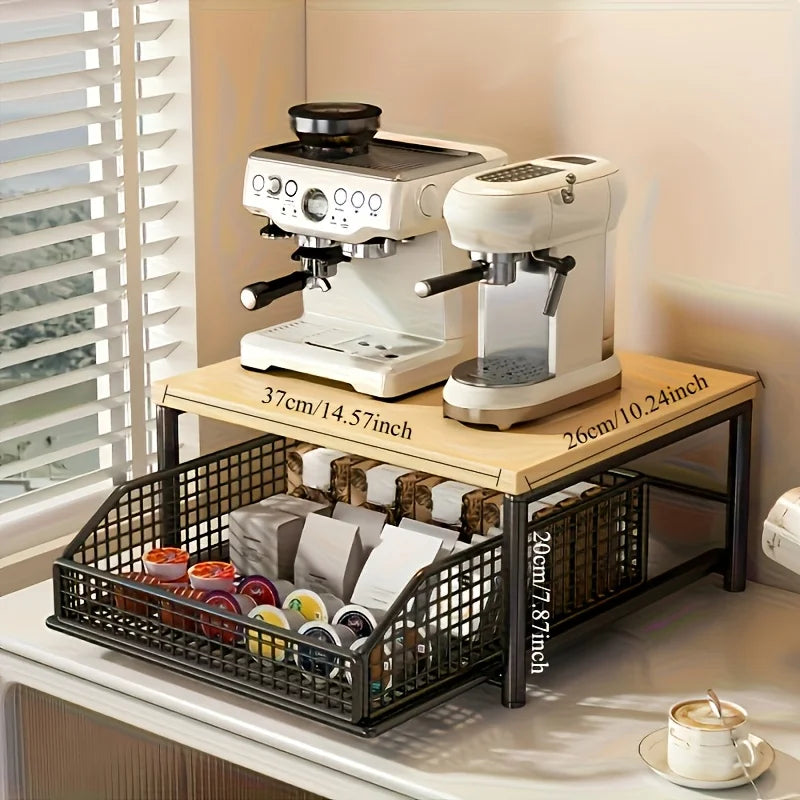 Kitchen Counter Storage Rack with Metal Drawer, Solid Wood & Metal Pull-Out Organizer for Coffee Maker, Microwave And Tableware