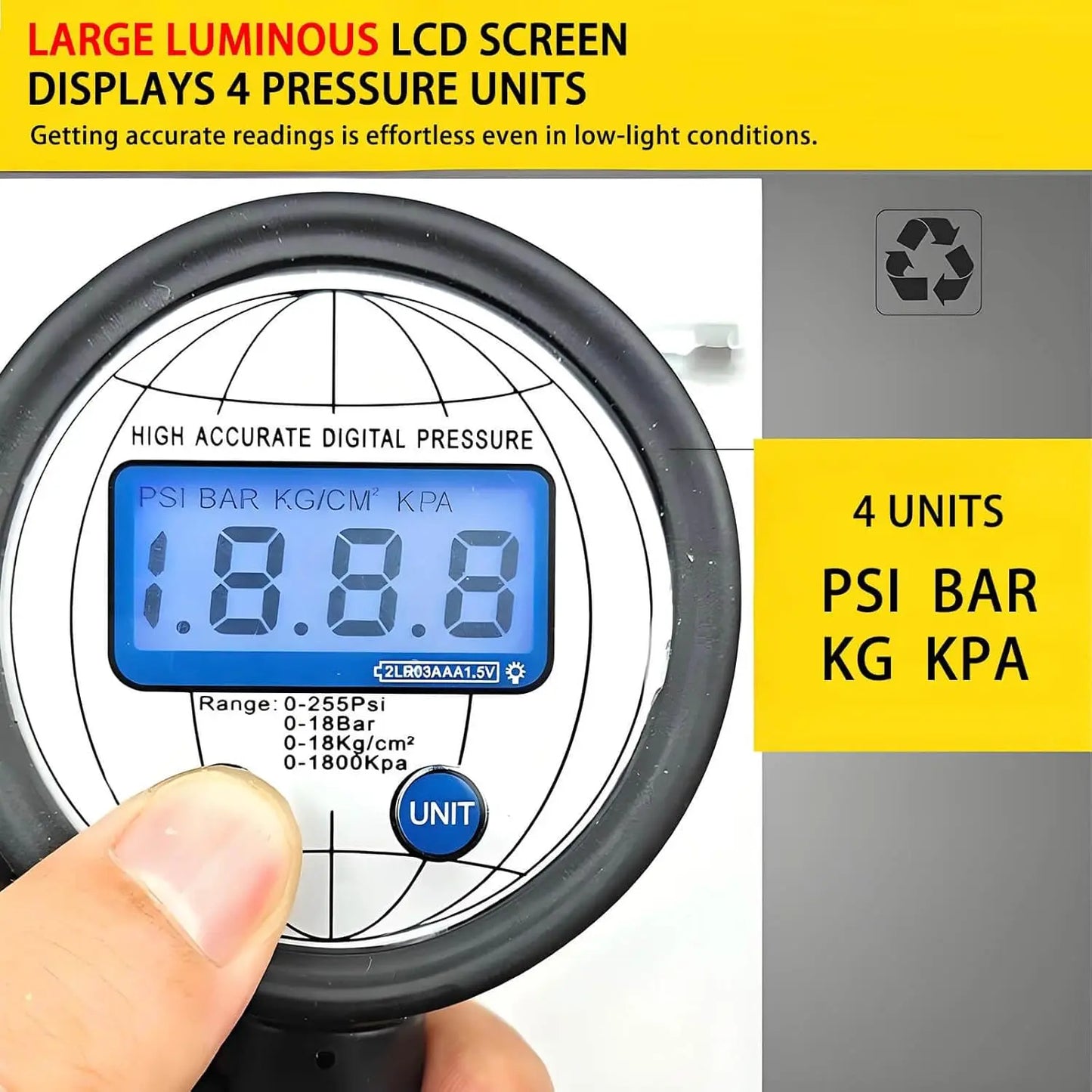Digital Tire Inflator with Pressure Gauge,255 PSI Air Chuck, Heavy Duty, 0.1 Display Resolution, Car Accessories, Includes Defla