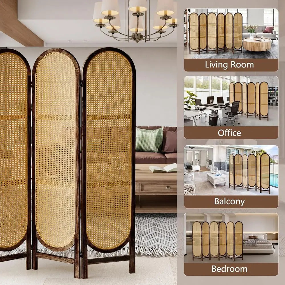 6-Panel Rattan Room Divider, Hand-Woven Privacy Screen, Wood Partition for Home or Office, Brown