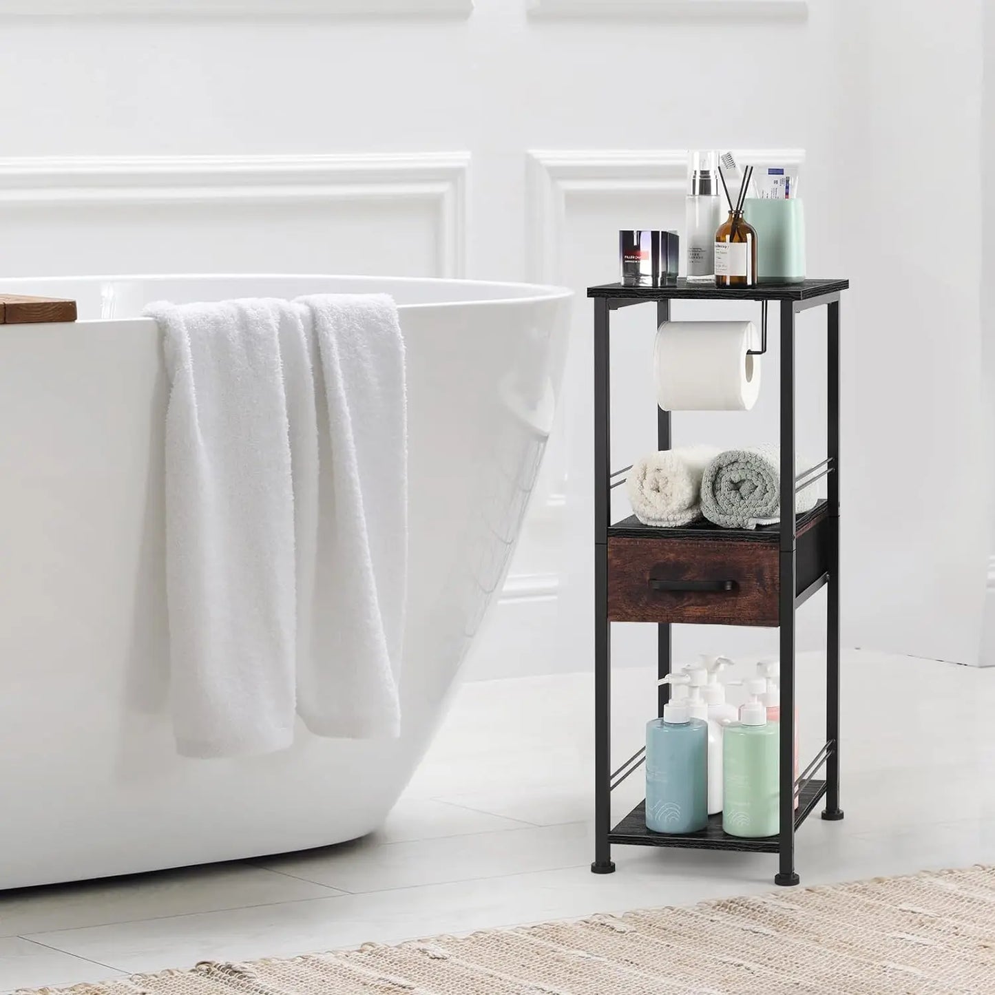 Bathroom storage cabinet, independent toilet paper storage cabinet with sliding storage drawer, farmhouse small bathroom rack