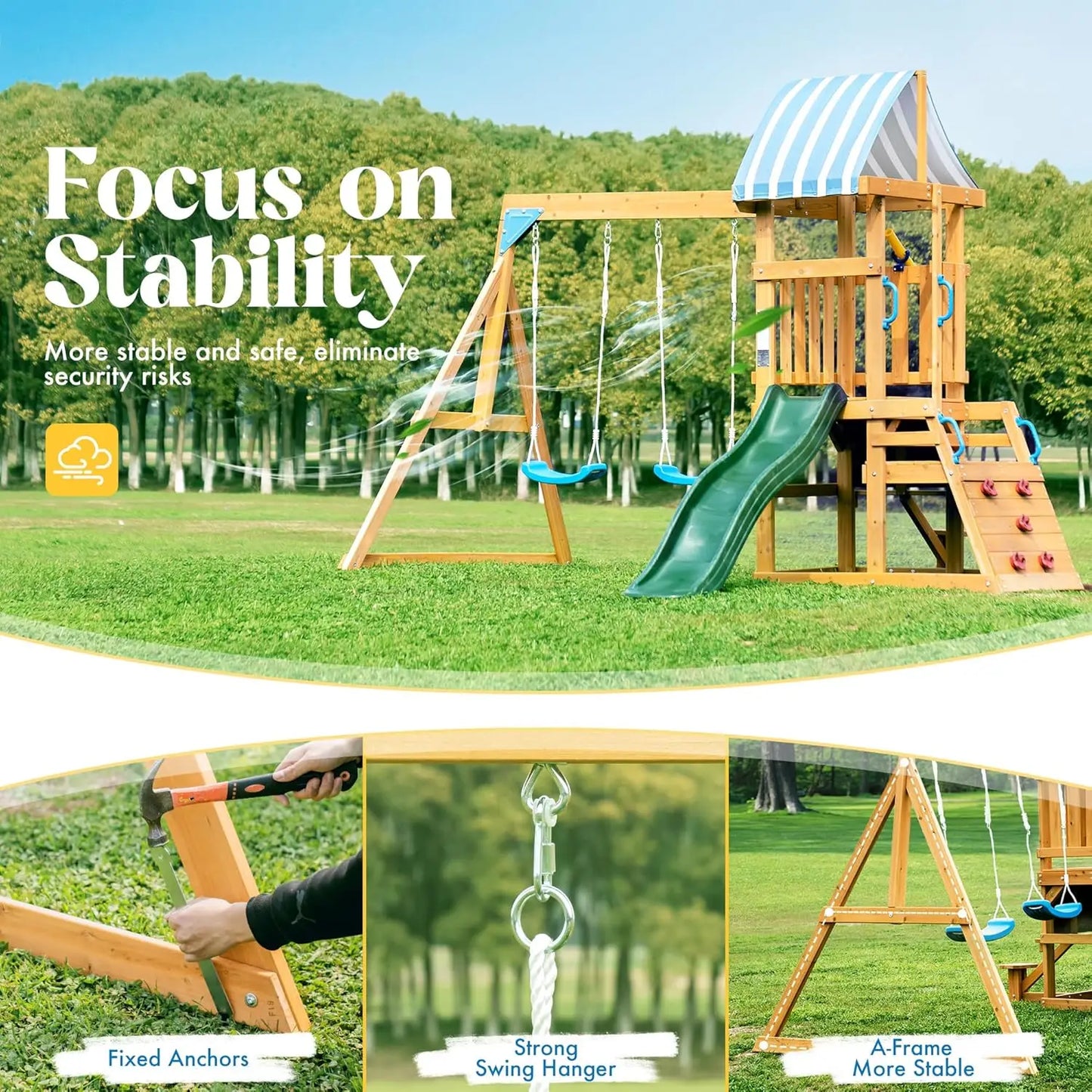 Robud Wooden Swing Set With Dual Swings Slide Fort