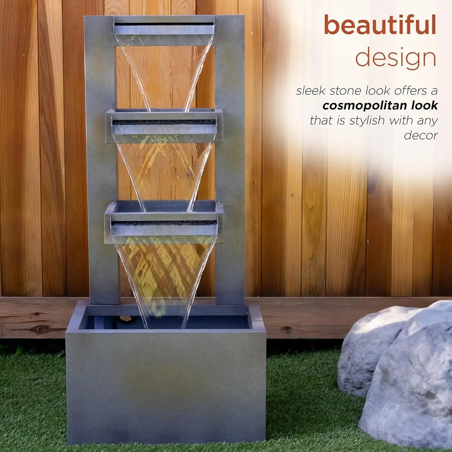43" Tall Multi-Tier Waterfall Fountain - Industrial Style Water Feature for Garden, Patio, Yard, Backyard, Relaxing Water Flow,