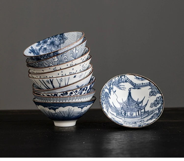 10pcs/box Blue and White Porcelain Tea Bowls Ceramic Kung Fu Small Teacups Single Master Cup with Gift Box Packaging Teaware Set