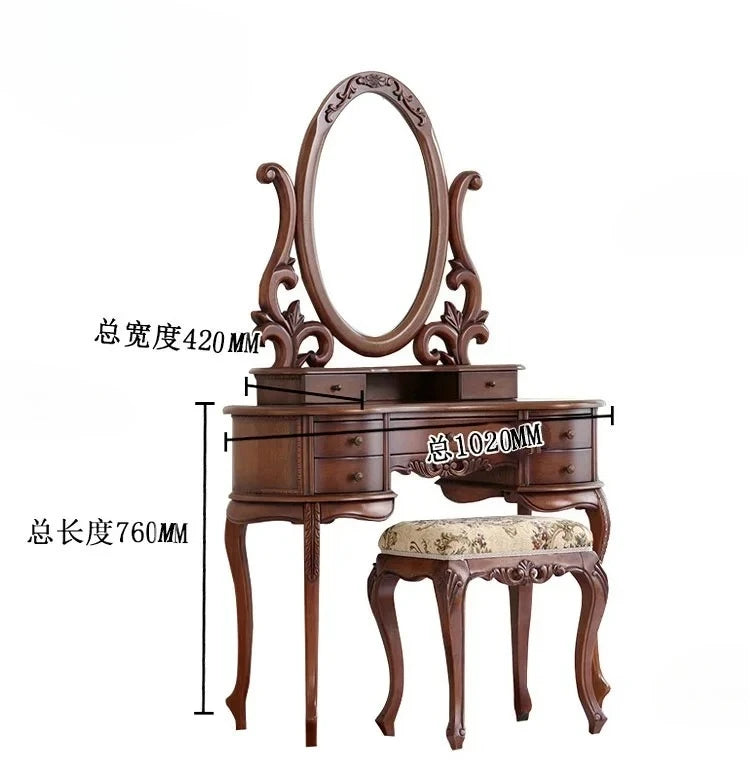-European Solid Wood Mirror Table Bedroom Dresser Amercia Princess Furniture Dark Villa Luxury Carved Makeup Table Dressing Tabl