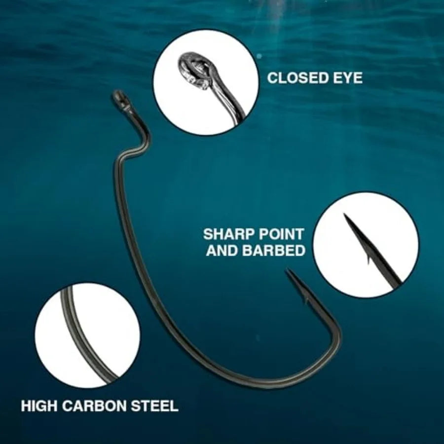 Offset EWG Worm Hooks - Super Strong Wide Gap Texas Rig Hooks for Soft Plastic Baits - High Carbon Steel Bass Fishing Hooks 25-