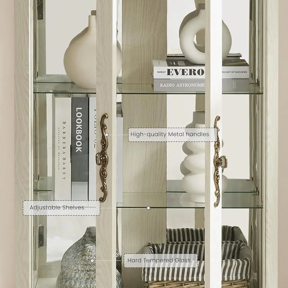 3-Tier Antique White Curio Cabinet with Lighted Glass Shelves and Acrylic Panel
