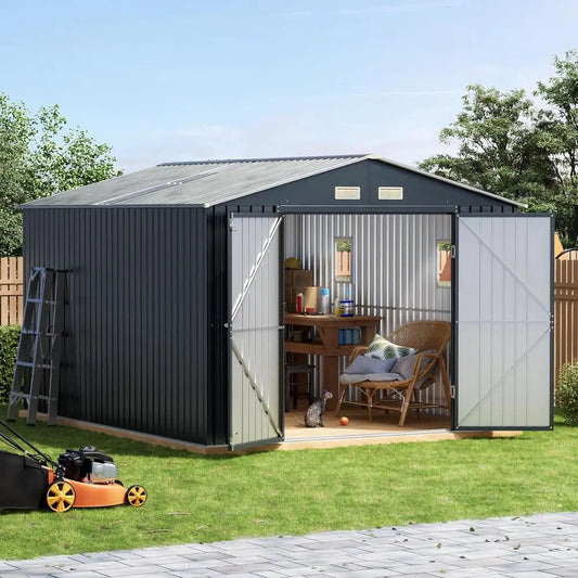 Outdoor Metal Shed With Double Doors And Skylight Storage