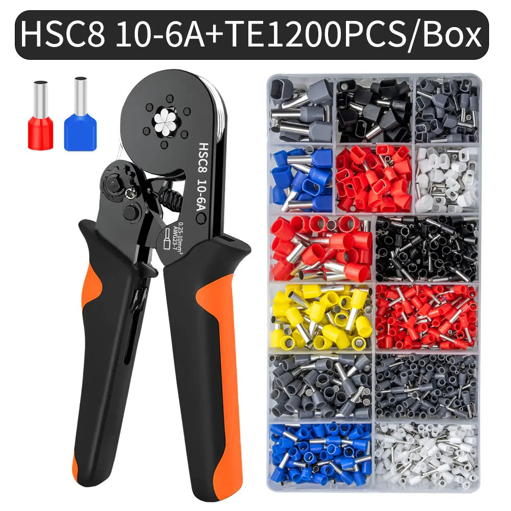 Hexagonal Self-Adjustable Ratchet Ferrule Crimping Tool Kit 23-7AWG 0.25-10mm² Crimper Kit with Ferrule Sleeves Wire Terminals