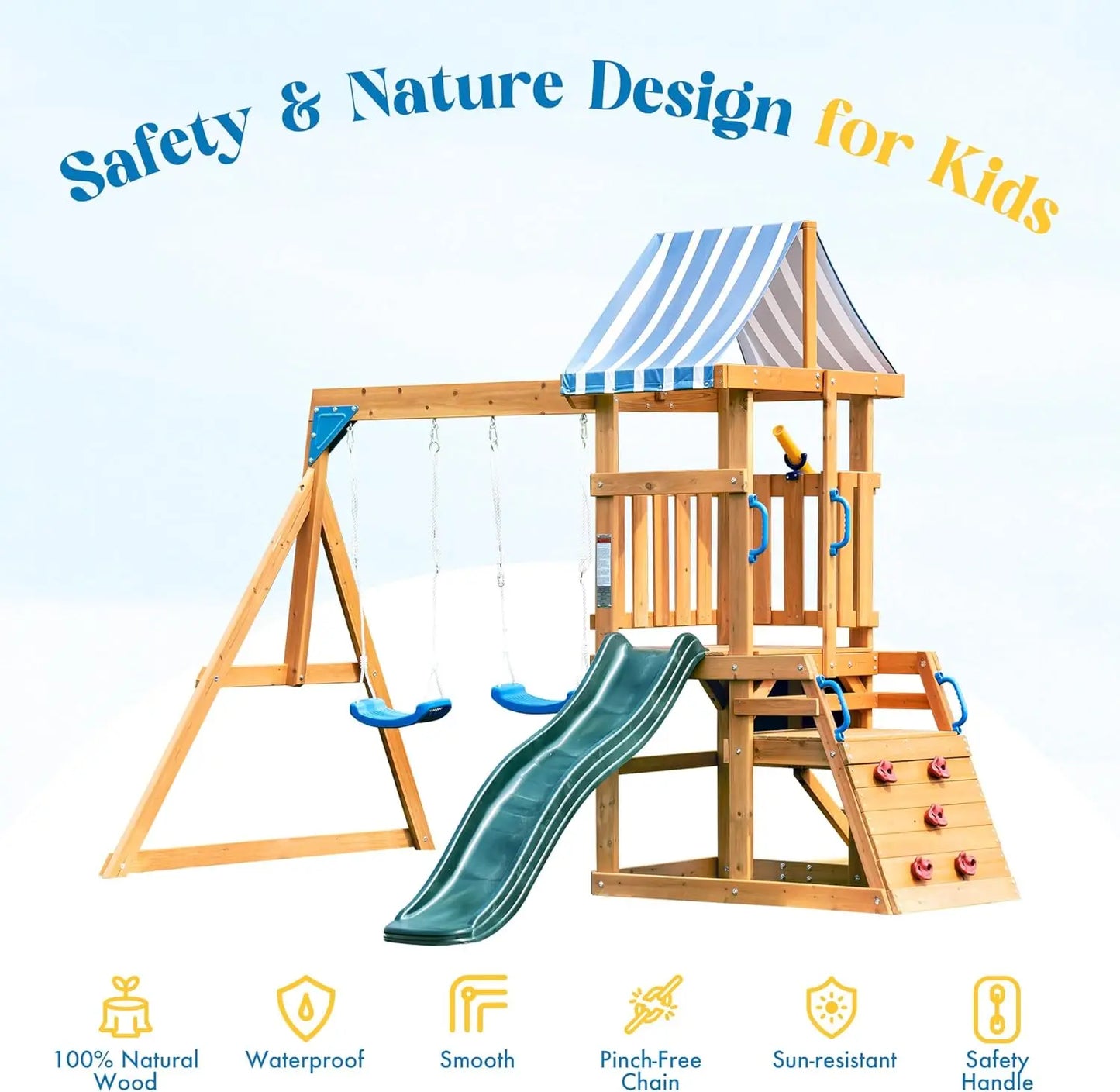 Robud Wooden Swing Set With Dual Swings Slide Fort