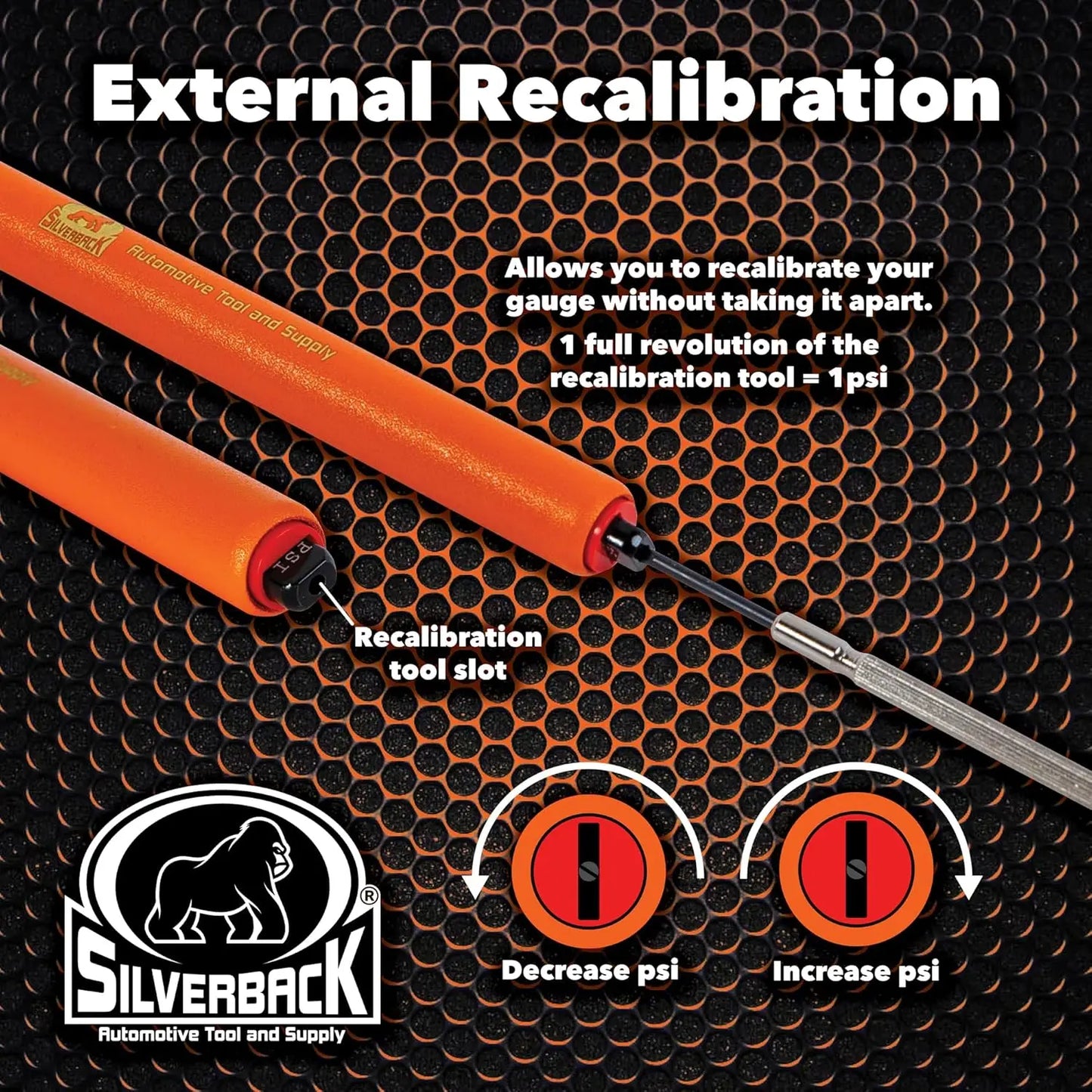 Silverback Hi-Visibility Orange Dual Foot Truck Tire Pressure Gauge, 10-150 PSI, Recalibratable, Heavy Duty Metal Bar