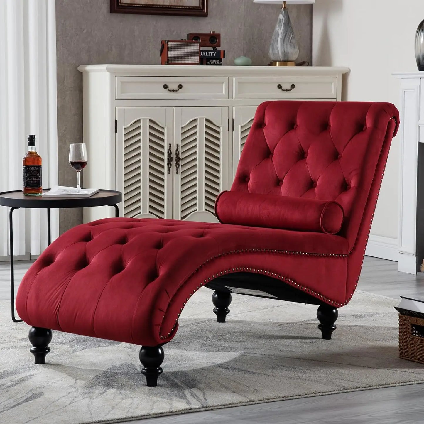 Velvet Tufted Chaise Lounge Chair With Pillow For Living