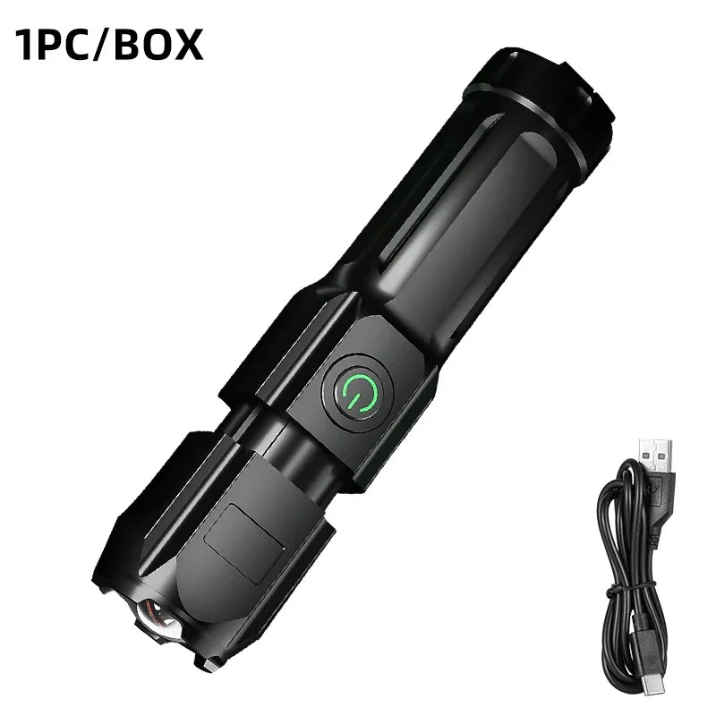 Compact USB Charging LED Flashlight Portable Telescopic Zoom Strong Light Focused Long-Range Household Emergency Lighting