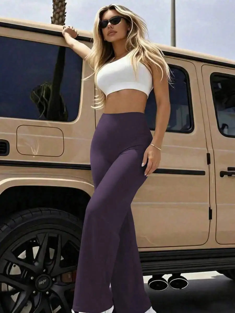 Women's High Waist Wide Leg Pants For Outdoor Exercise, Comfortable Sports Casual Leggings, High Elastic Flare Pants For Commuti