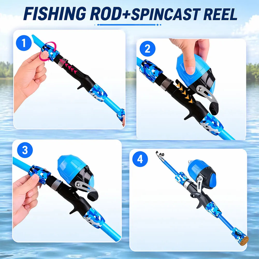 youth Fishing Pole Set with Full Starter Kit - Portable Telescopic Fishing Rod & Reel with Spinning Mechanism,All Necessary Accessories (Hooks, Sinkers, Swivels,) Ideal for Lakes, Ponds, Beach