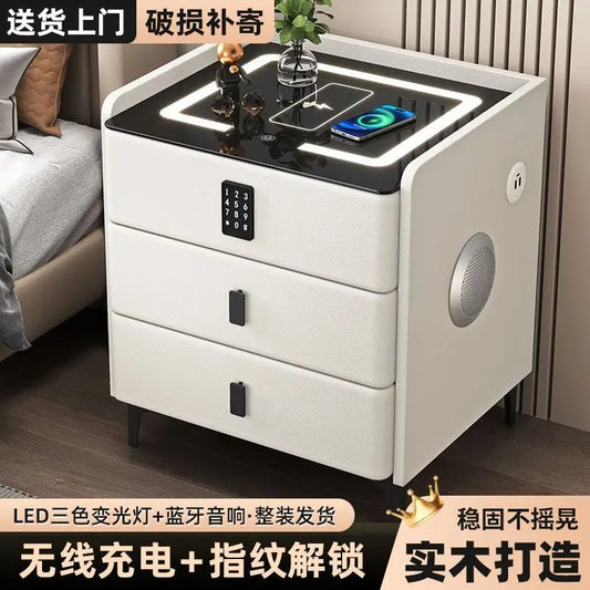 Smart Multifunctional Bedside Table with Wireless ChargerTouch Control 3-Color LEDLightModern Nightstand with Solid Wood