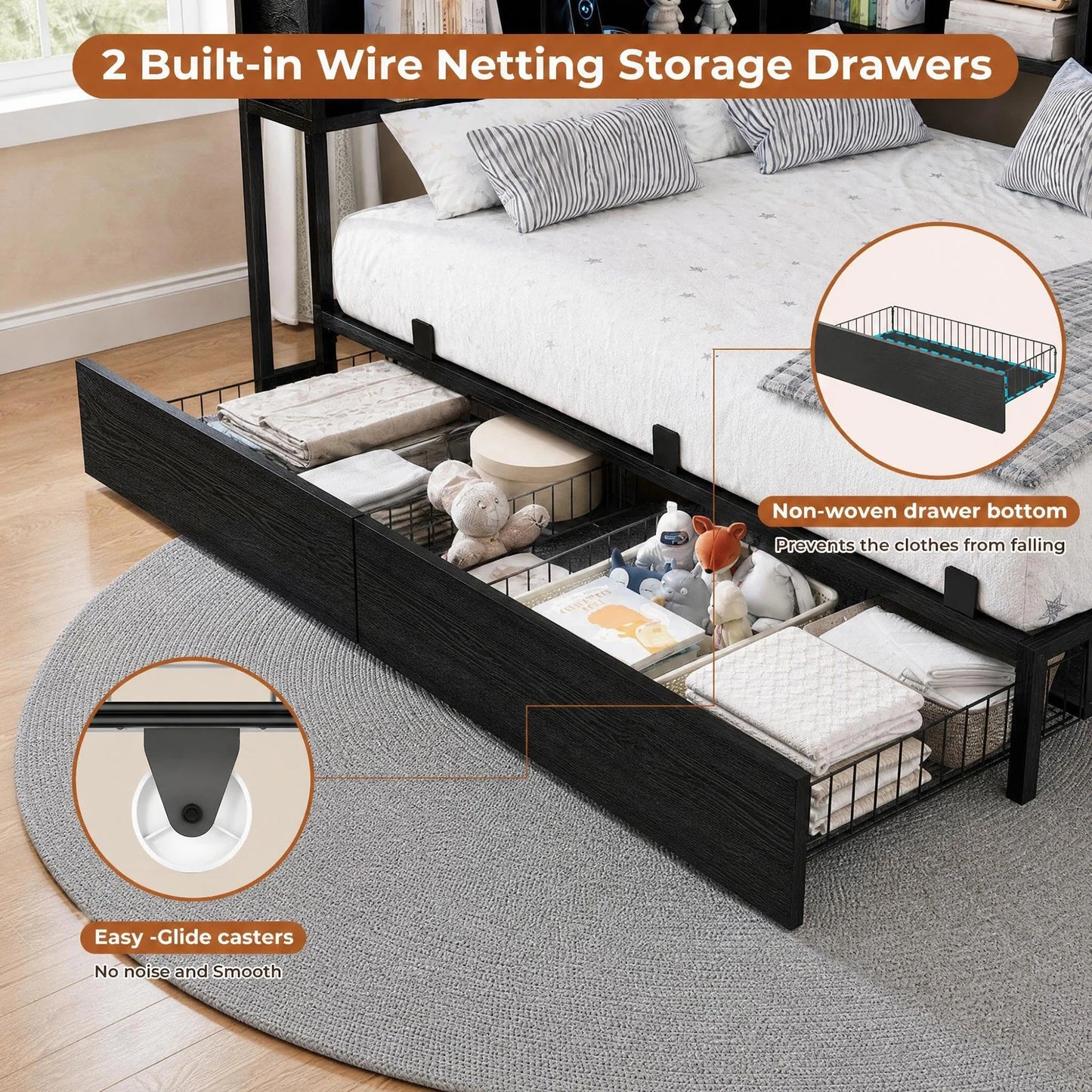 Twin/Full Corner Bed Frame With Bookcase Headboard, RGB LED Lights, 2 Drawers, Charging Station, Reversible, 2 AC 2 USB Ports