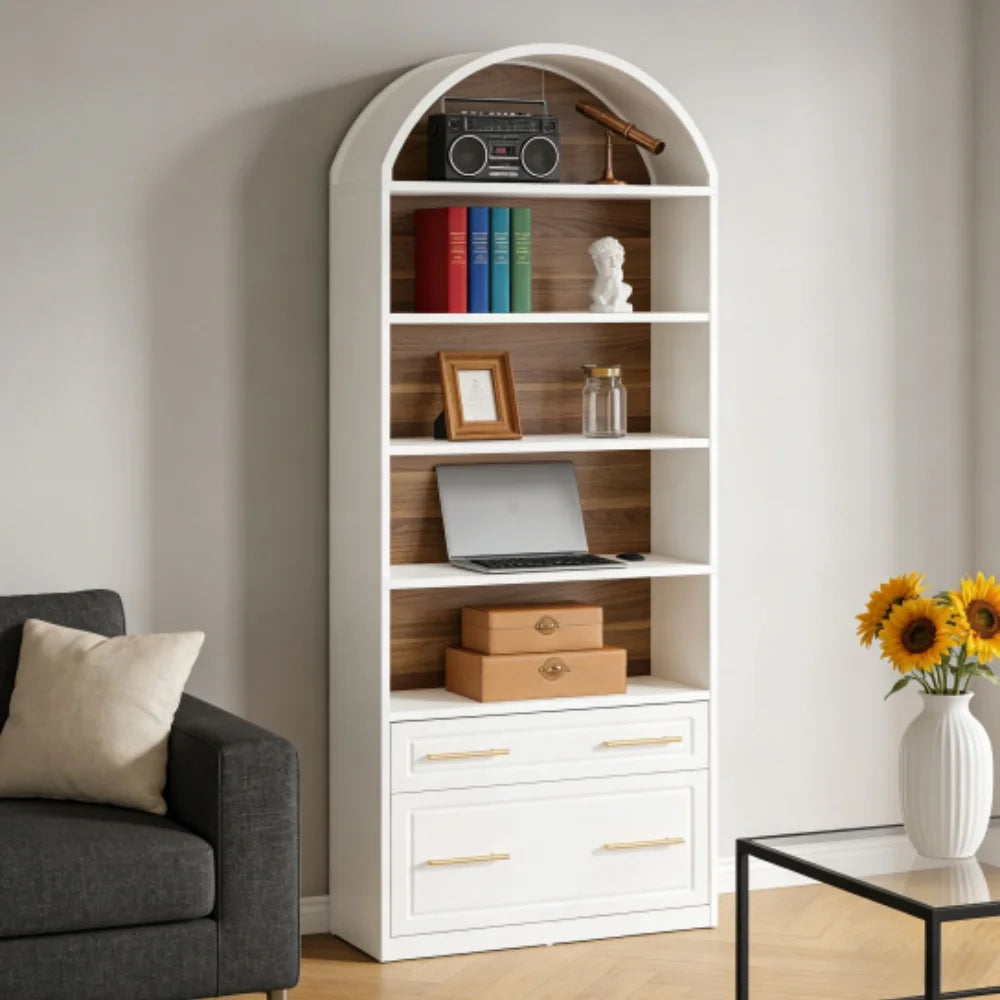 l Arched Bookcase Set of 2, 5-Tier Bookshelf with File Cabinet Drawer, Modern Freestanding Wooden, Customized