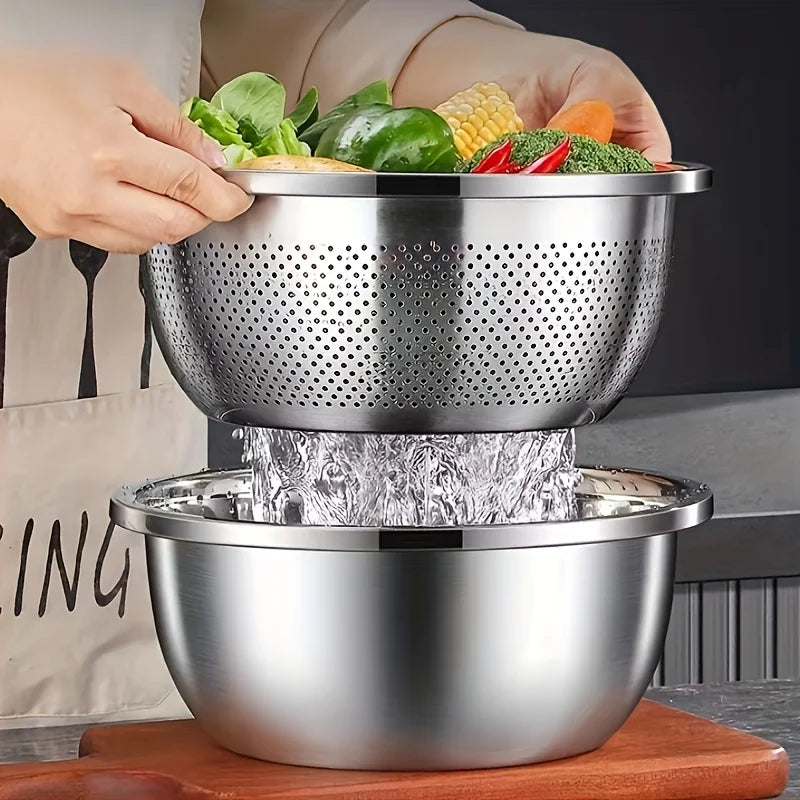 2pcs Stainless Steel Colander Set - Vegetable Fruit Pasta Strainer, Large Heavy Duty Filter Bowl