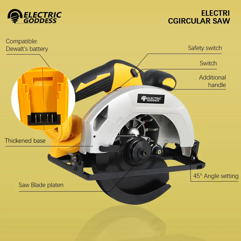 7-inch Cordless Circular Saw 5000rpm Brushless Woodworking Saw 45-degree Cutting Angle Adjustment For Dewalt 20V Battery Pin