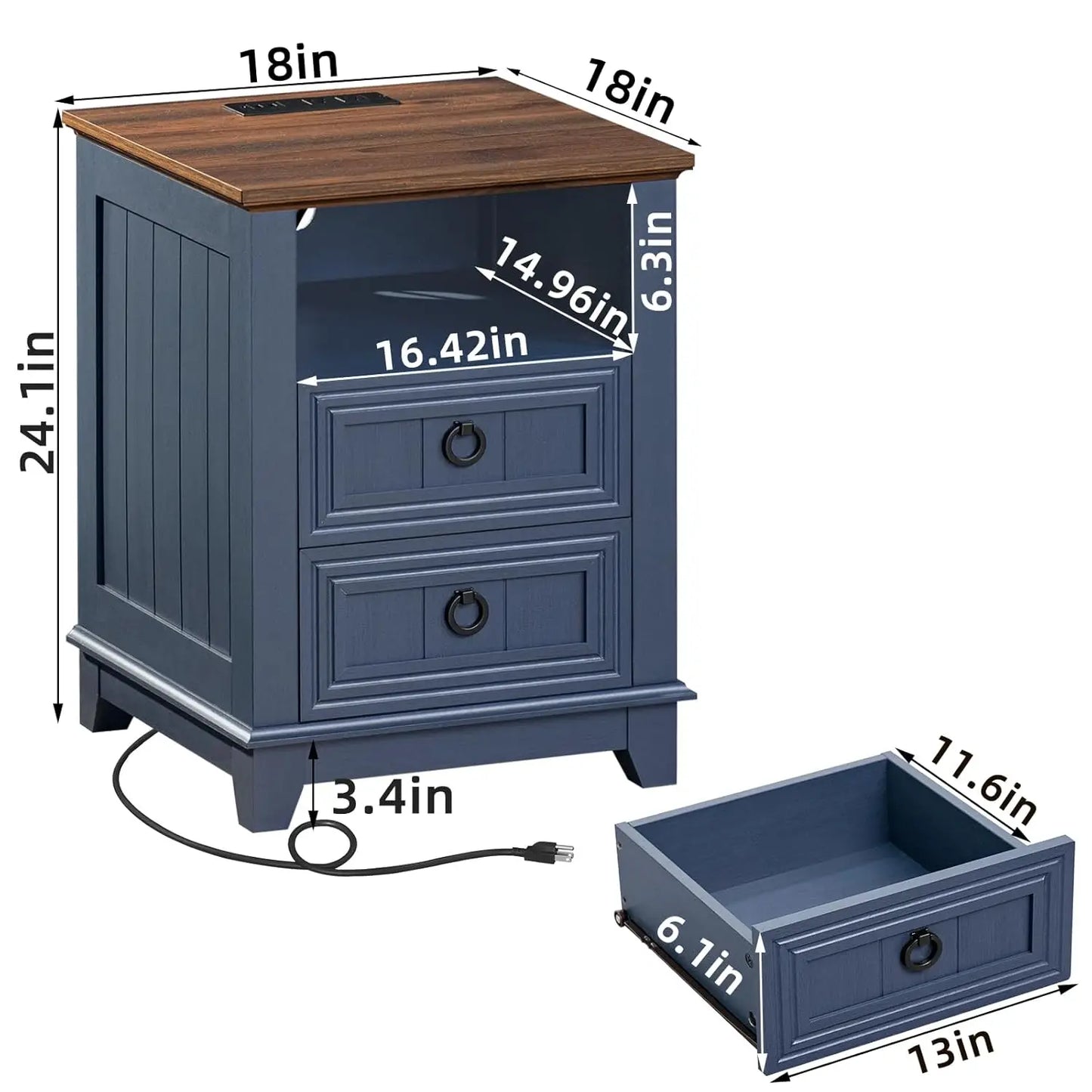18" Farmhouse Night Stands Set of 2 with Charging Station, 2 Drawers End Table Dresser for Bedroom, Blue Wooden, Customized