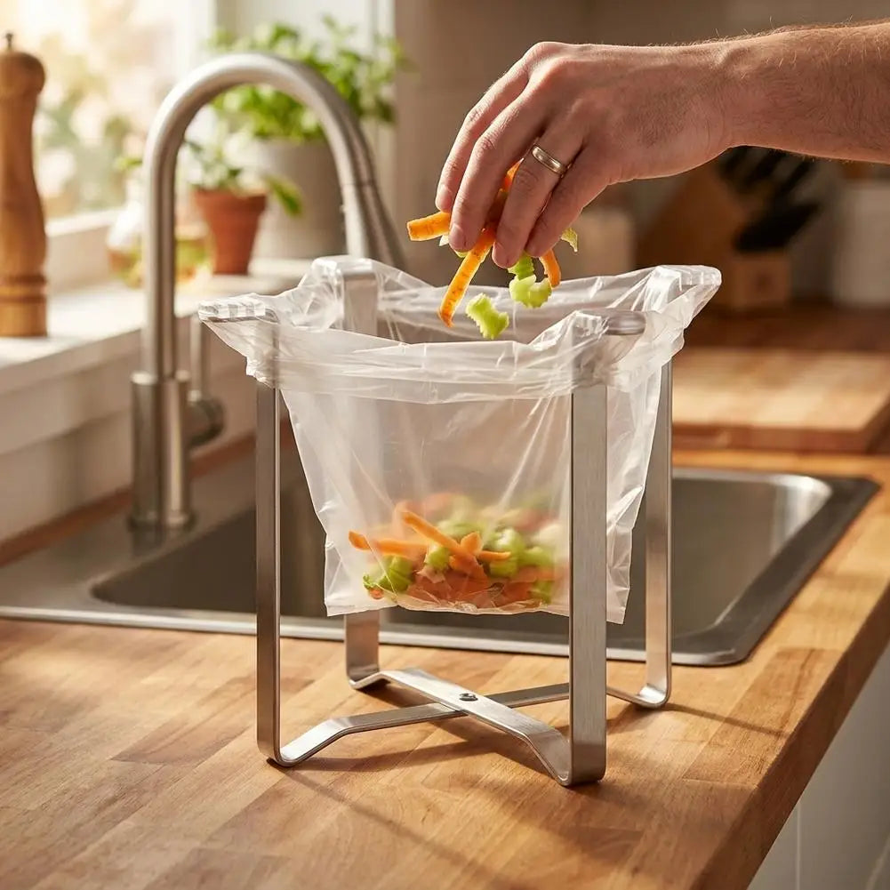 Foldable Garbage Bag Holder Stainless Steel Trash Bag Stand Countertop Waste Bag Support Rack Kitchen Sink Food Scrap Organizer