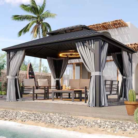 Aoxun 10x12 Gazebo Hardtop Gazebo with Double Galvanized Steel Roof Outdoor Pavilion with Breathable Netting and Privacy Curtain