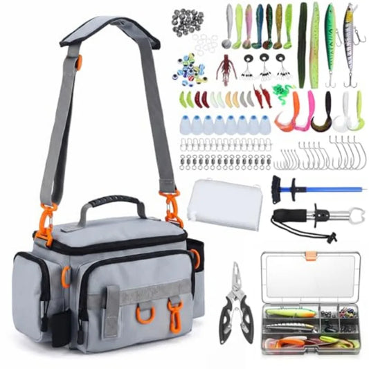 Fishing Tackle Bags with Tackle Box, Waterproof, Padded Shoulder Strap, Gear Storage, Fish Bag with 136 Pcs Fishing Lures Kit,