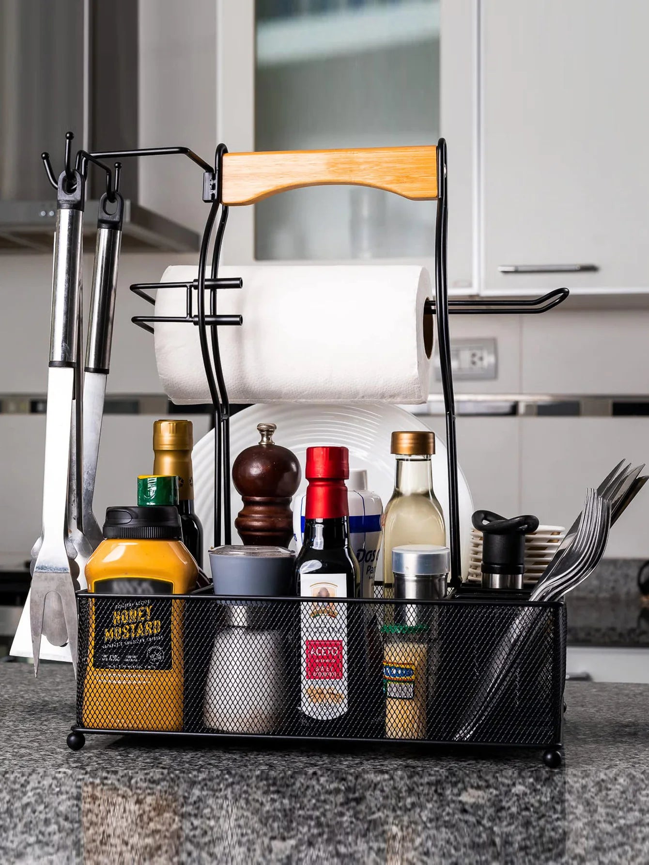 Black Grill Utensil Caddy Picnic Condiment Caddy BBQ Organizer Steel Caddy For Organizing Paper Towels