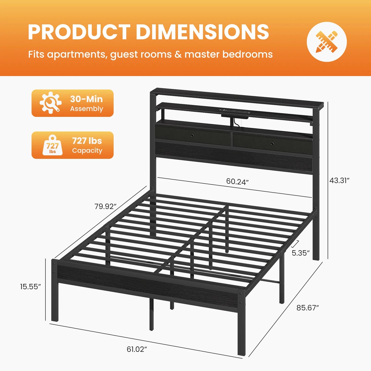Metal Platform Bed Frame With Integrated Storage Led Headboard