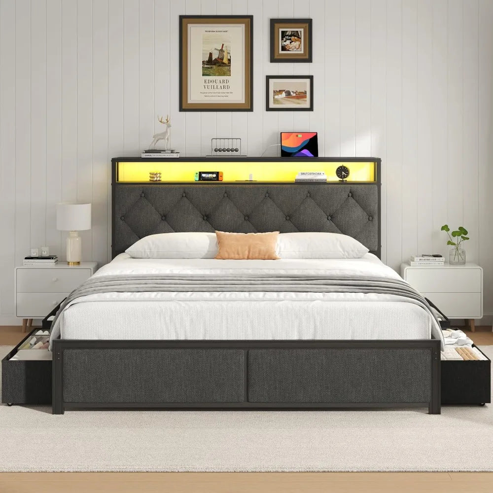 Modern Upholstered Bed Frame With Integrated Led Charging Port