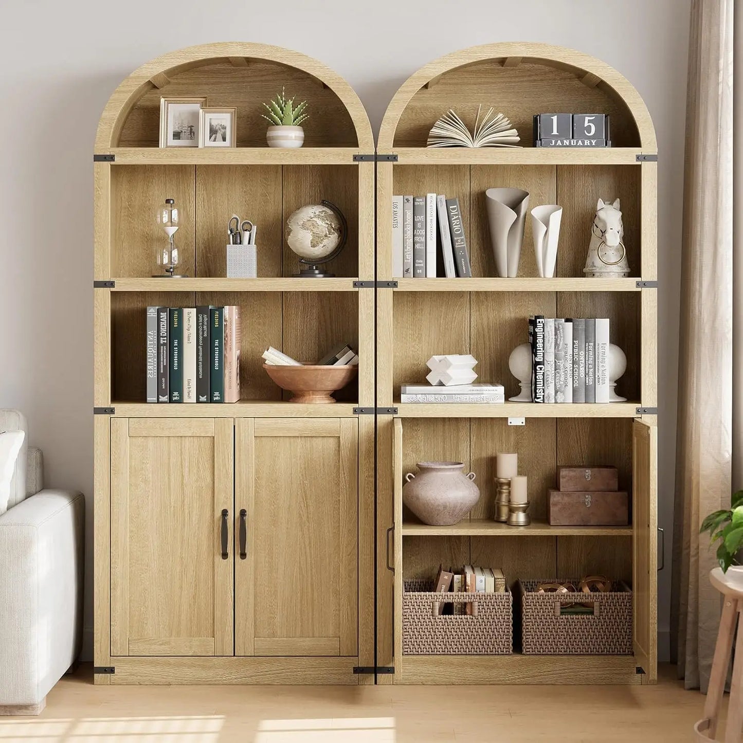 Bookcase with Doors Arched Bookshelf 71.65in Tall Bookcase Farmhouse Cabinet with Shelves Wooden Bookshelves for Home Office
