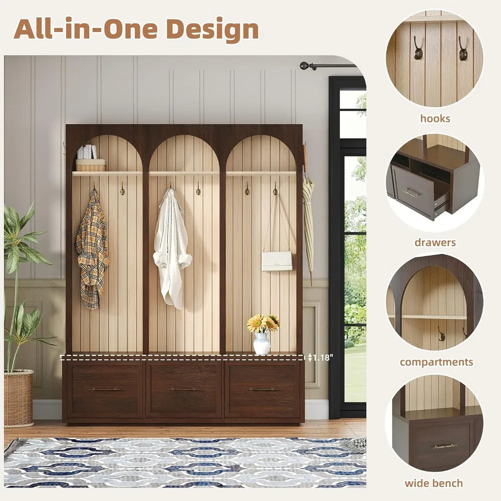 Farmhouse Wood Hall Tree with Shoe Bench & 3 Drawers, 4-in-1 Coat Rack 8 Hooks for Entryway, Hallway