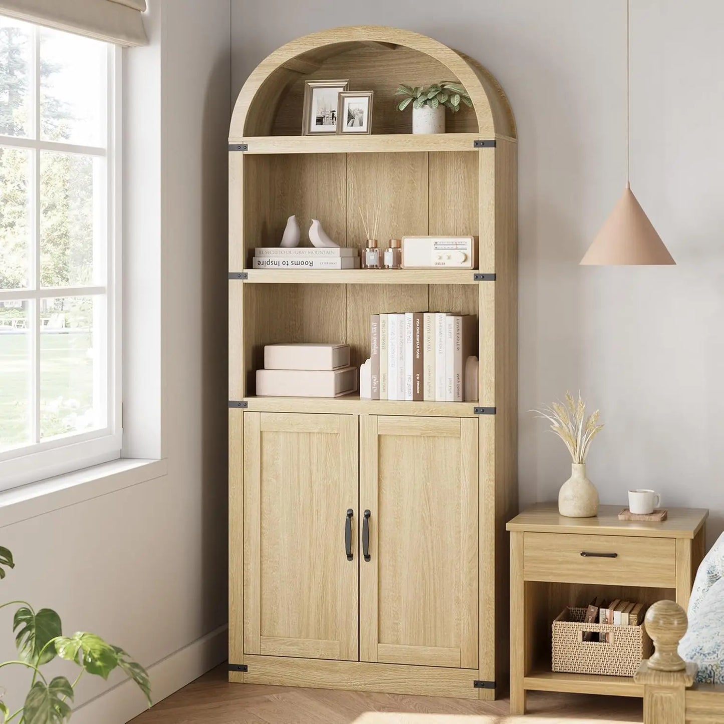 Bookcase with Doors Arched Bookshelf 71.65in Tall Bookcase Farmhouse Cabinet with Shelves Wooden Bookshelves for Home Office