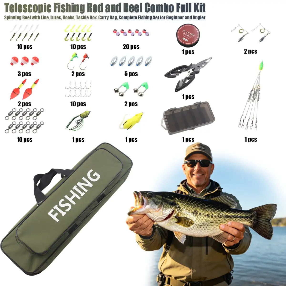 86-Piece Telescopic Fishing Rod & Reel Combo Kit, Portable Bass Fishing Tackle Set With Lures, Line, Hooks & Carry Bag For Freshwater Fishing