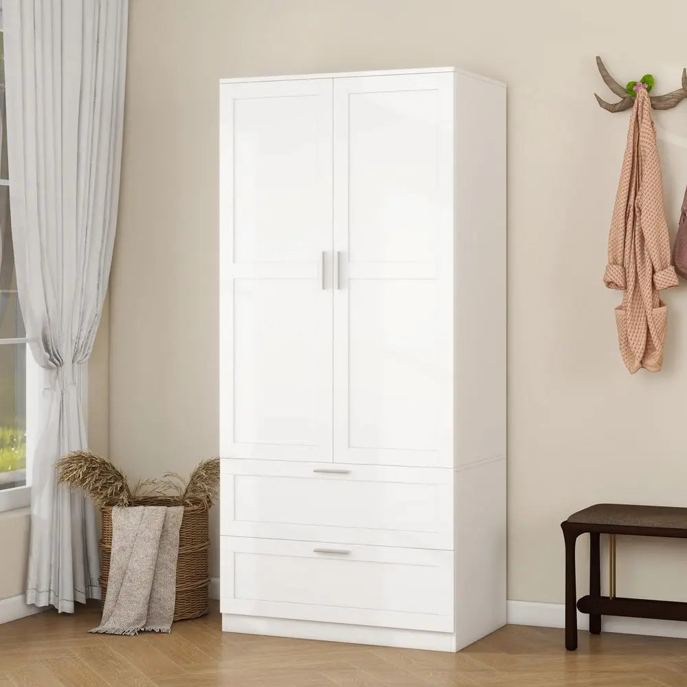 Modern 2 Doors 2 Drawers Bedroom Armoires Wardrobe Clothes Storage Closet with Hanging Rod, Wooden Bedroom Freestanding Wardrob
