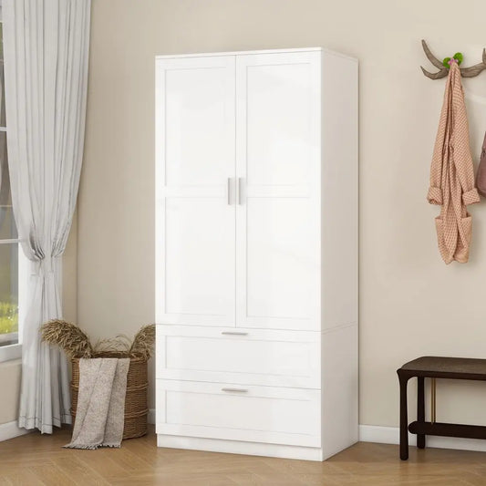 Modern 2 Doors 2 Drawers Bedroom Armoires Wardrobe Clothes Storage Closet with Hanging Rod, Wooden Bedroom Freestanding Wardrob