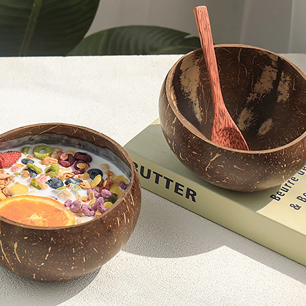 Natural Coconut Shell Bowl And Spoon Set For Serving Dishes Salad Wooden Reusable Kitchen Tableware Coconut Bowls Fruit Bowl